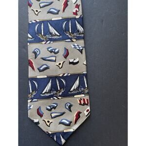 Bass Mens Tie 100% Silk Nautical Sailing Blue Red Made In USA Coastal Sailboat